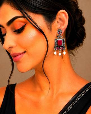 German silver ruby red classic geometric drop earrings 5