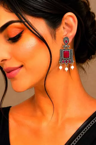 German silver ruby red classic geometric drop earrings