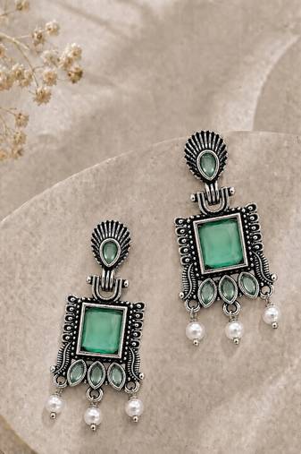 German silver sea green geometric drop earrings