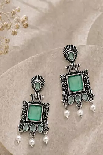 German silver sea green geometric drop earrings