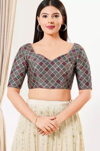 Women's net padded back open elbow sleeves saree blouse