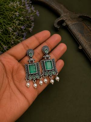 German silver sea green geometric drop earrings 2