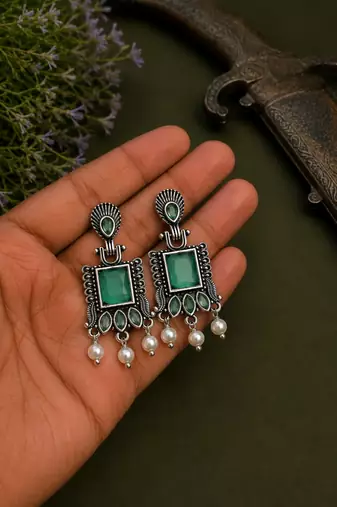 German silver sea green geometric drop earrings