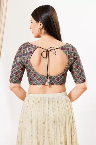 Women's net padded back open elbow sleeves saree blouse
