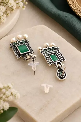 German silver sea green geometric drop earrings