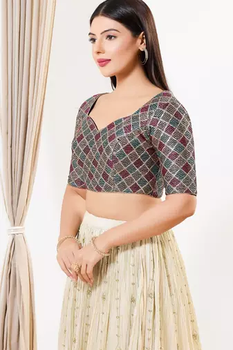 Women's net padded back open elbow sleeves saree blouse