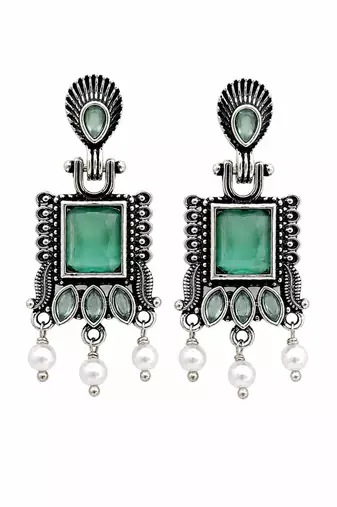 German silver sea green geometric drop earrings