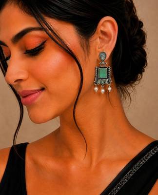 German silver sea green geometric drop earrings 5