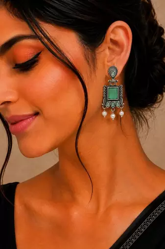 German silver sea green geometric drop earrings
