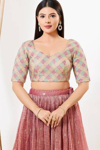 Women's net padded back open elbow sleeves saree blouse