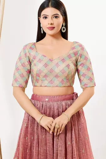 Women's net padded back open elbow sleeves saree blouse