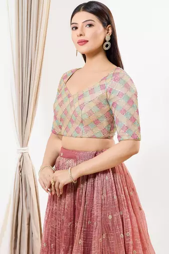 Women's net padded back open elbow sleeves saree blouse