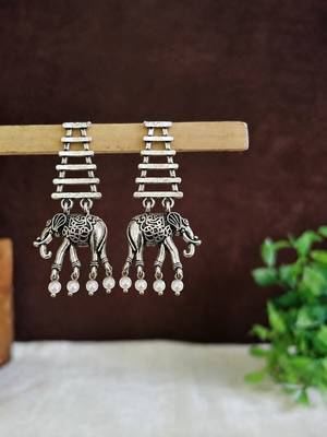 Silver oxidised elephant motif dangler earrings 1