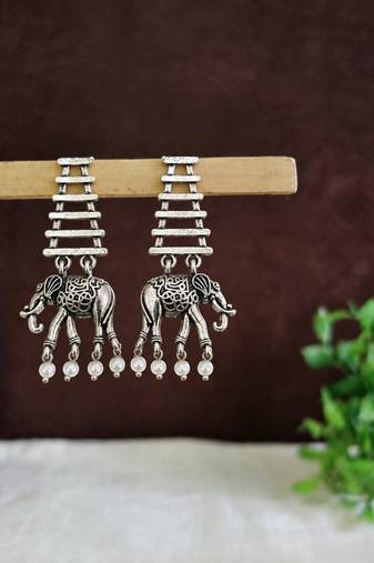 Silver oxidised elephant motif dangler earrings
