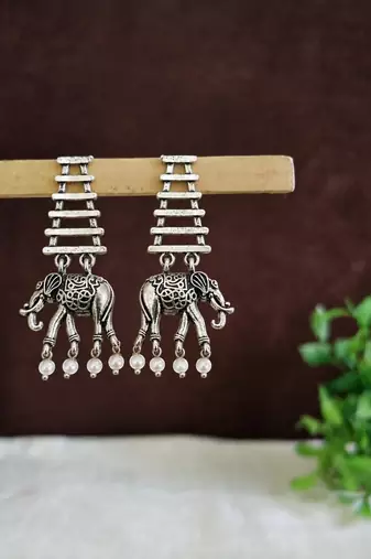 Silver oxidised elephant motif dangler earrings
