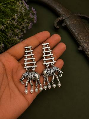 Silver oxidised elephant motif dangler earrings 2