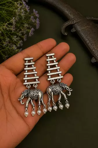 Silver oxidised elephant motif dangler earrings