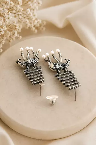 Silver oxidised elephant motif dangler earrings