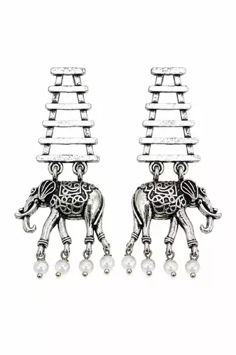 Silver oxidised elephant motif dangler earrings