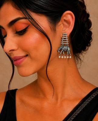 Silver oxidised elephant motif dangler earrings 5