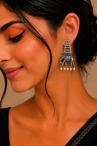 Silver oxidised elephant motif dangler earrings