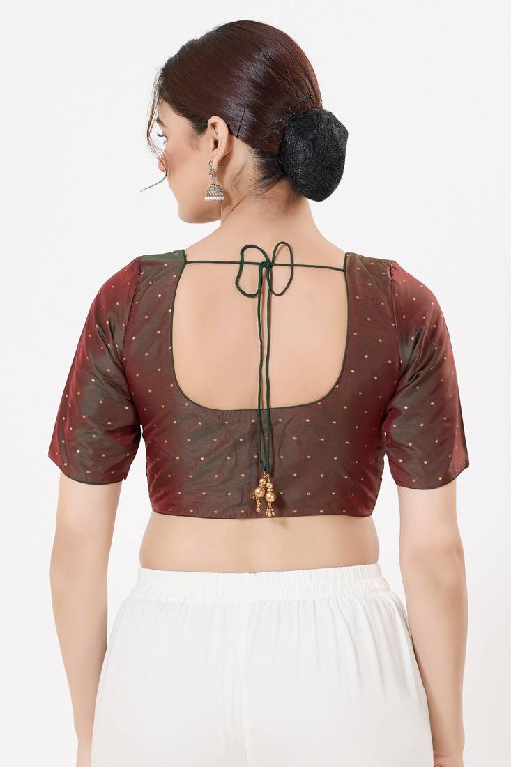 Women's tafeta silk padded front open elbow sleeves saree blouse