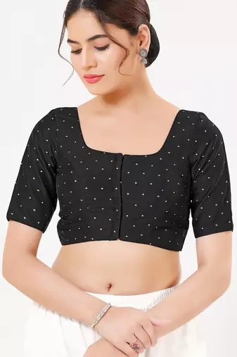 Women's tafeta silk padded front open elbow sleeves saree blouse