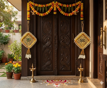 Handmade Shubh Labh Door Hanging with Golden Pink Thread Work Traditional Home Wall Hanging (Pack of 2) 1