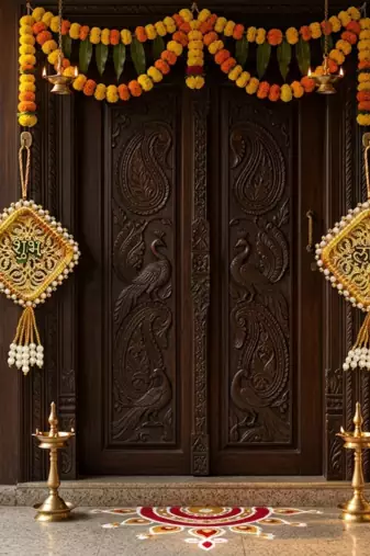 Handmade Shubh Labh Door Hanging with Golden Pink Thread Work Traditional Home Wall Hanging (Pack of 2)