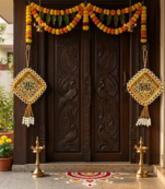 Handmade Shubh Labh Door Hanging with Golden Pink Thread Work Traditional Home Wall Hanging (Pack of 2)