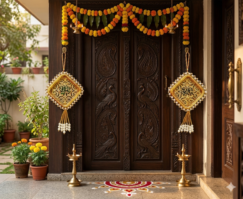 Handmade Shubh Labh Door Hanging with Golden Pink Thread Work Traditional Home Wall Hanging (Pack of 2)