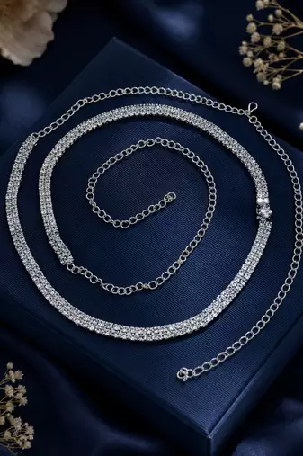 Silver plated cubic zircon double line kamarbandh waist chain