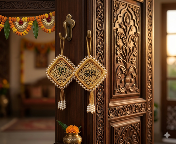 Handmade Shubh Labh Door Hanging with Golden Pink Thread Work Traditional Home Wall Hanging (Pack of 2) 2