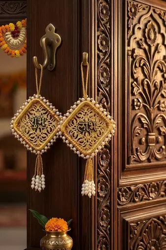 Handmade Shubh Labh Door Hanging with Golden Pink Thread Work Traditional Home Wall Hanging (Pack of 2)