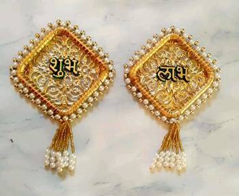 Handmade Shubh Labh Door Hanging with Golden Pink Thread Work Traditional Home Wall Hanging (Pack of 2) 3