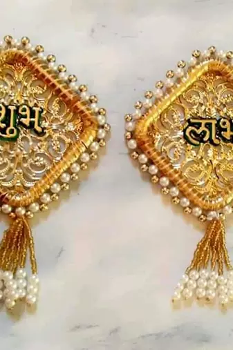 Handmade Shubh Labh Door Hanging with Golden Pink Thread Work Traditional Home Wall Hanging (Pack of 2)