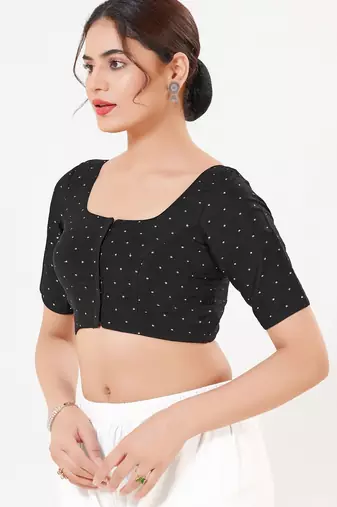 Women's tafeta silk padded front open elbow sleeves saree blouse