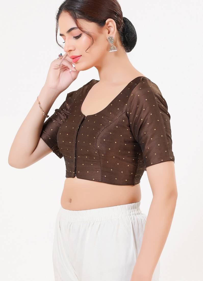 Women's tafeta silk padded front open elbow sleeves saree blouse