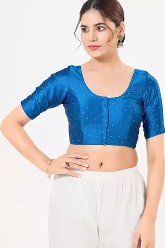 Women's tafeta silk padded front open elbow sleeves saree blouse