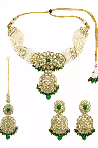Gold plated kundan green necklace set