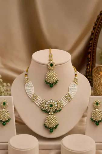 Gold plated kundan green necklace set