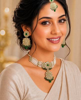 Gold plated kundan green necklace set 3