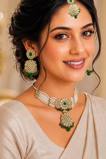 Gold plated kundan green necklace set