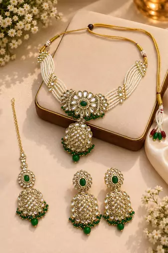 Gold plated kundan green necklace set