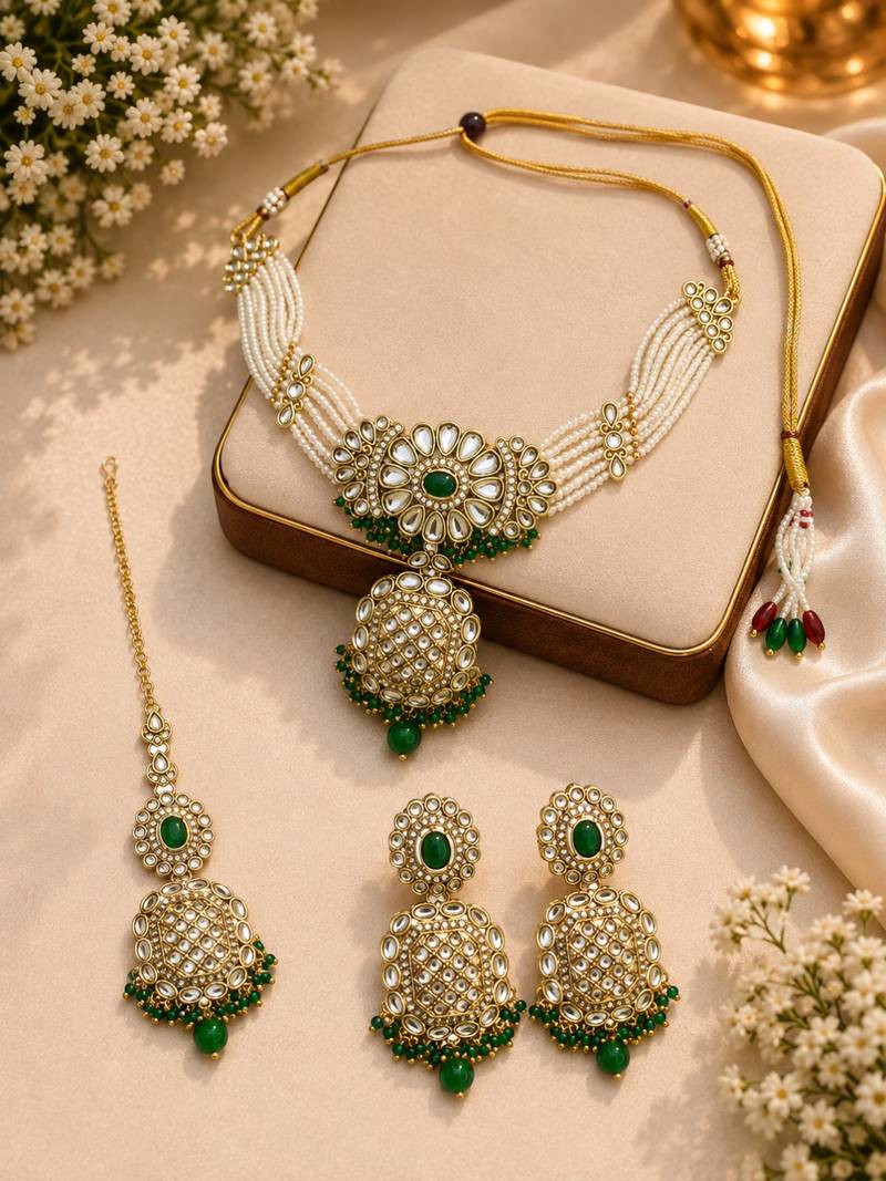Gold plated kundan green necklace set