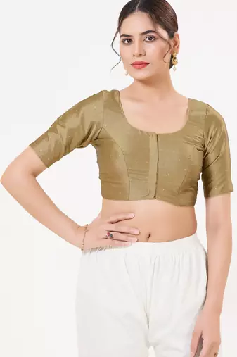 Women's tafeta silk padded front open elbow sleeves saree blouse