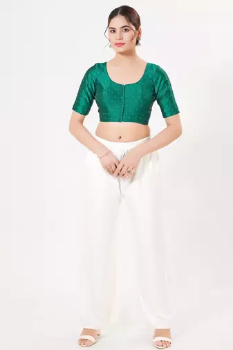 Women's tafeta silk padded front open elbow sleeves saree blouse