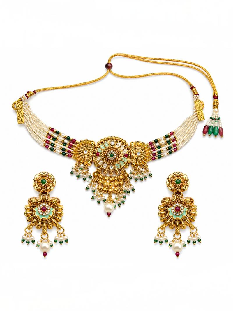 Gold plated jaipuri meenakari choker necklace set
