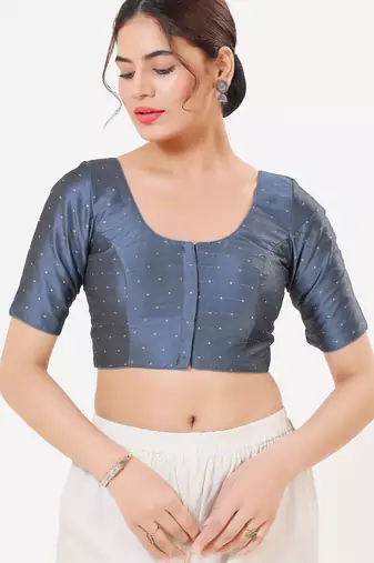 Women's tafeta silk padded front open elbow sleeves saree blouse