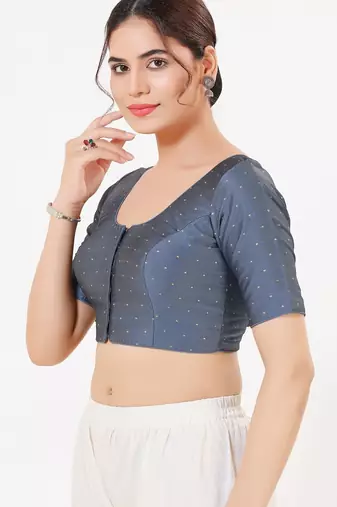 Women's tafeta silk padded front open elbow sleeves saree blouse